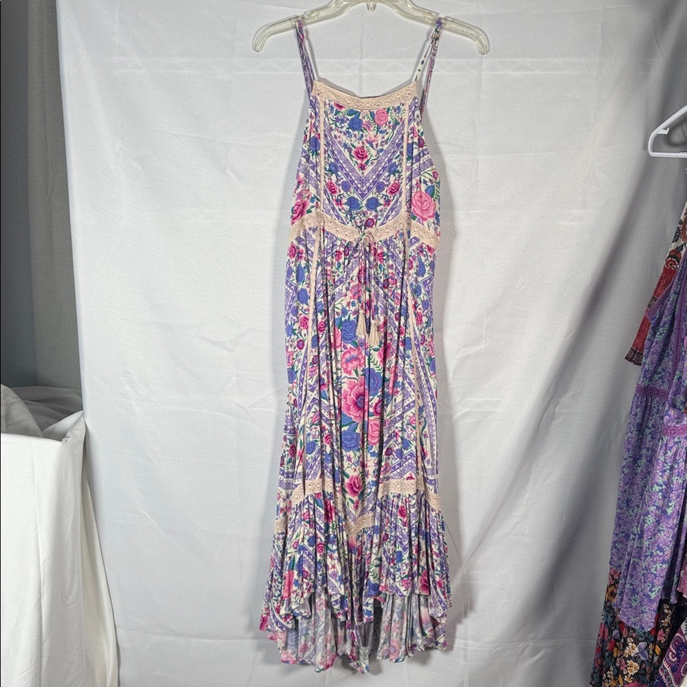 Spell Babushka Floral Lace-Trimmed Strappy Midi Dress in Lavender Size Large - Picture 4 of 12